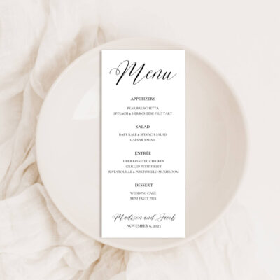 Editable Canva menu card in Elegant Script wedding style
