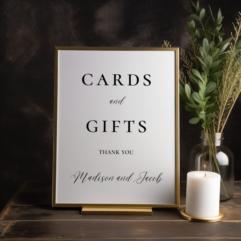 Editable Canva cards and gifts sign in Elegant Script wedding style shown in dark room
