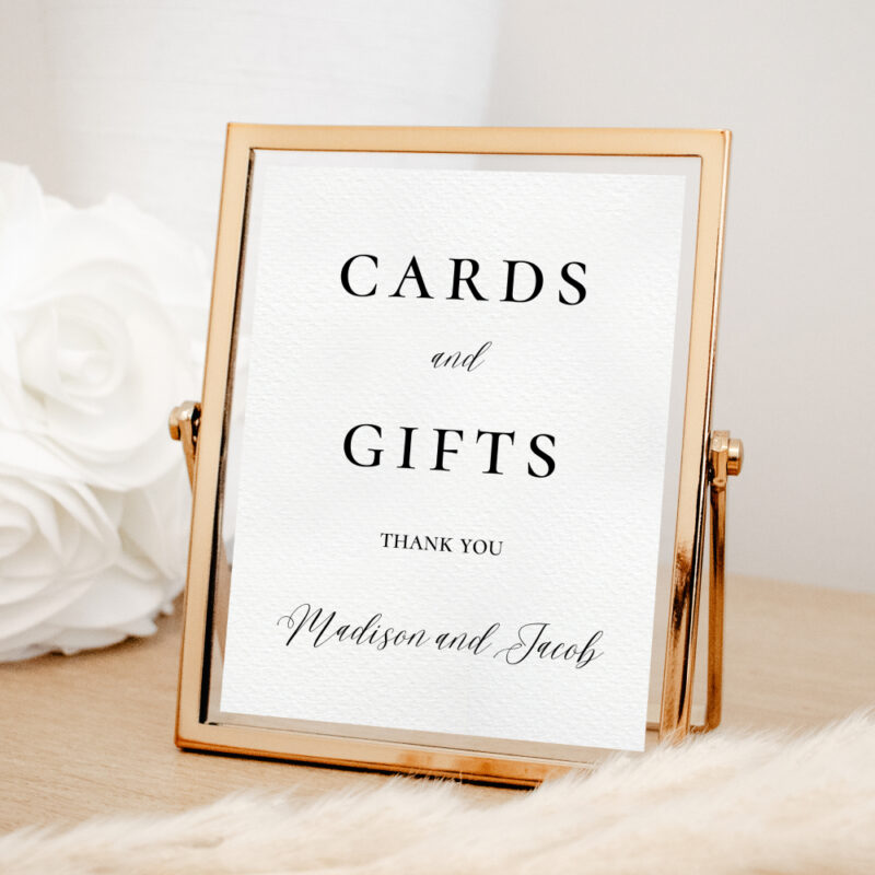 Editable Canva cards and gifts sign in Elegant Script wedding style in rose gold frame