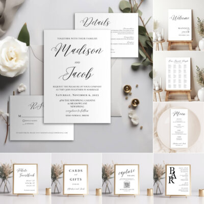 Editable Canva complete wedding invitation and signage templates in Elegant Script style