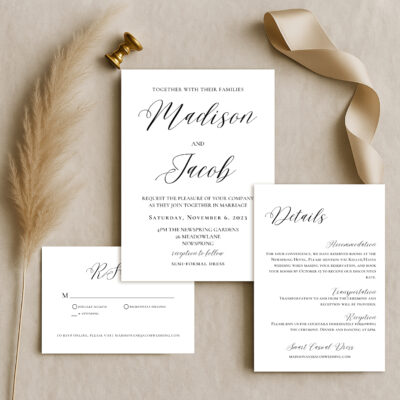 Editable Canva wedding invitation suite templates in Elegant Script style