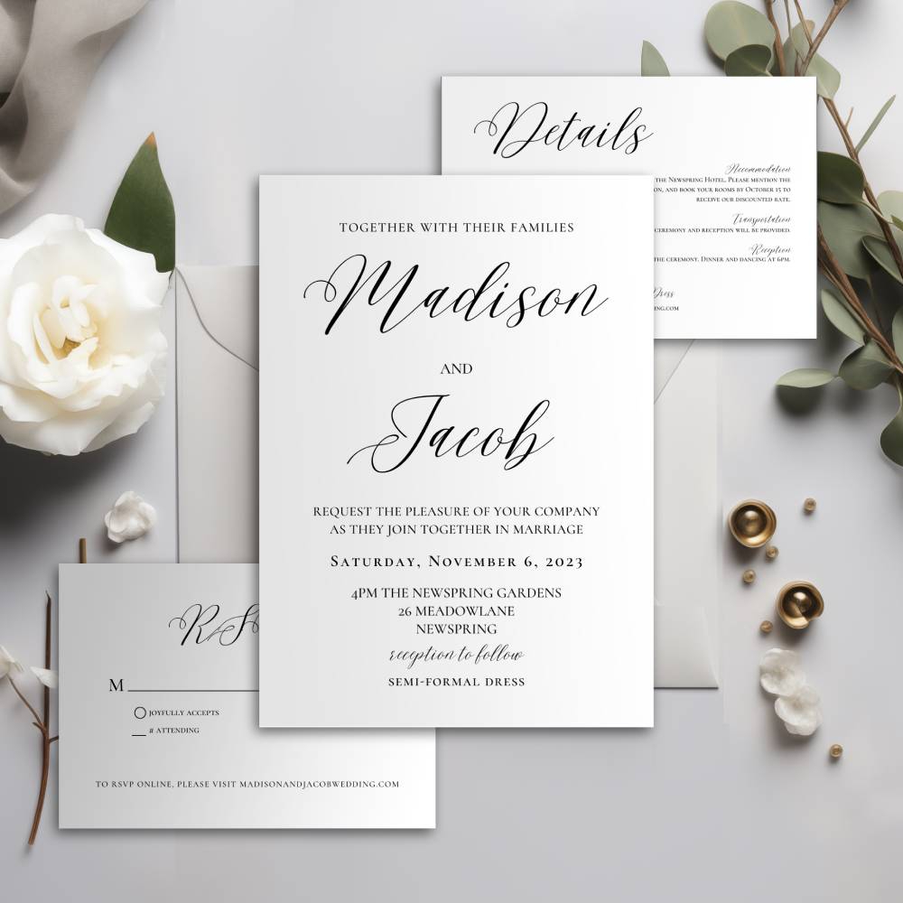 Editable Canva wedding invitation template suite in Elegant Script style showing script RSVP