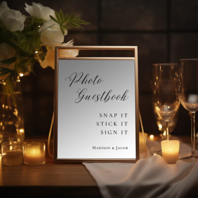 Editable Canva photo guestbook sign in Elegant Script wedding style