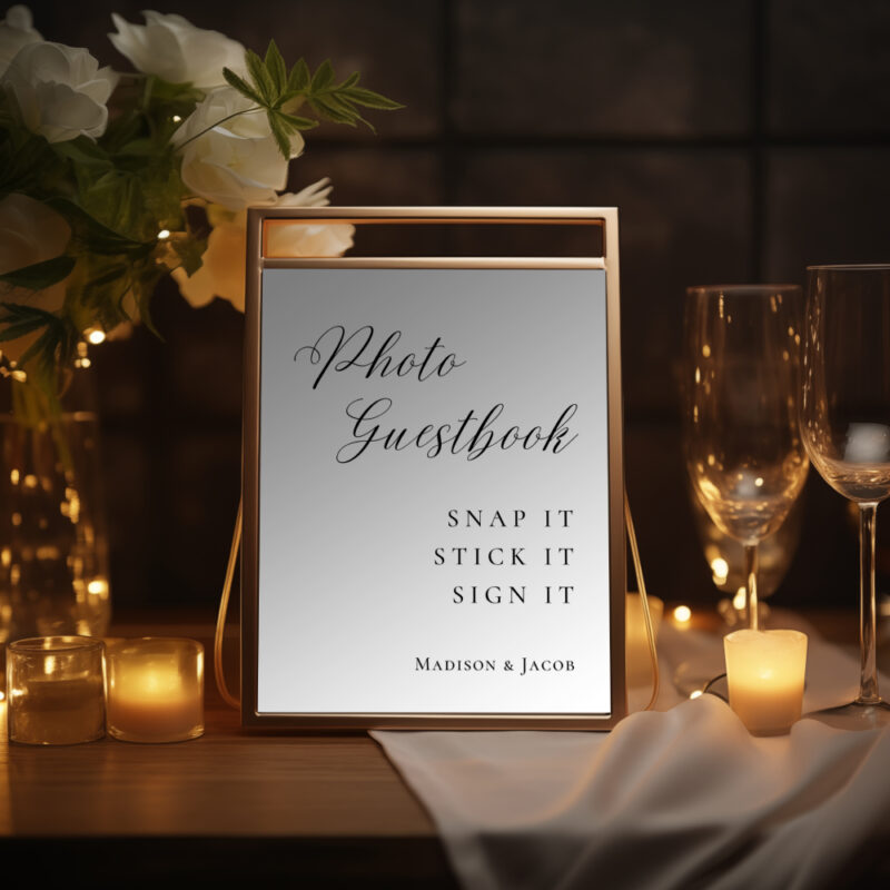 Editable Canva photo guestbook sign in Elegant Script wedding style