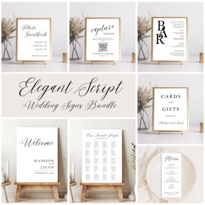 Editable Canva wedding signage templates in Elegant Script style