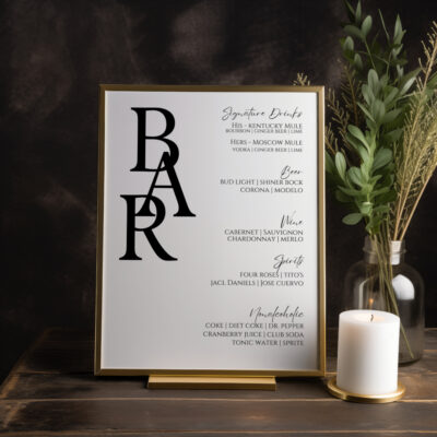 Editable Canva Bar sign in Modern wedding style shown in dark room with candle