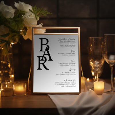 Editable Canva Bar sign in Modern wedding style shown in evening setting with candles