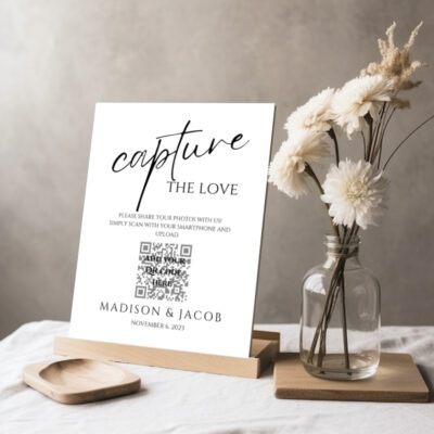 Editable Canva Capture the Love sign in Modern wedding style shown in tabletop display