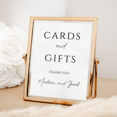 Editable Canva Cards and Gifts sign in Modern wedding style in rose gold frame