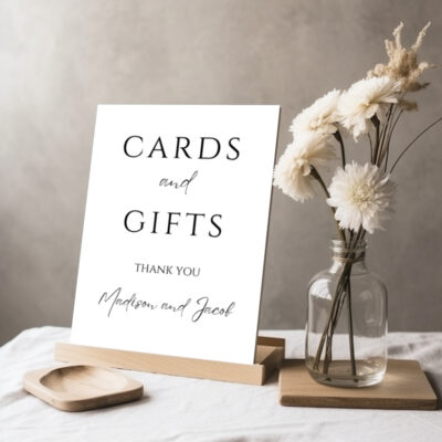 Editable Canva Cards and Gifts sign in Modern wedding style shown in tabletop display