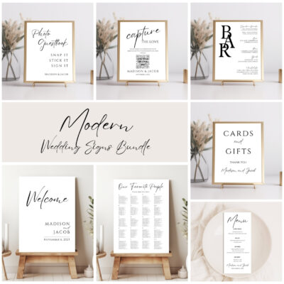 Editable Canva wedding signage templates in Modern style