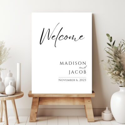 Editable Canva sign in Modern Welcome wedding style names and date right option