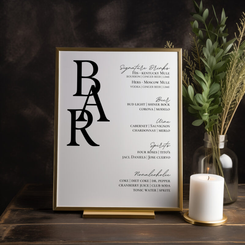 Editable Canva bar sign in Simple Script wedding style shown in dark room with candle