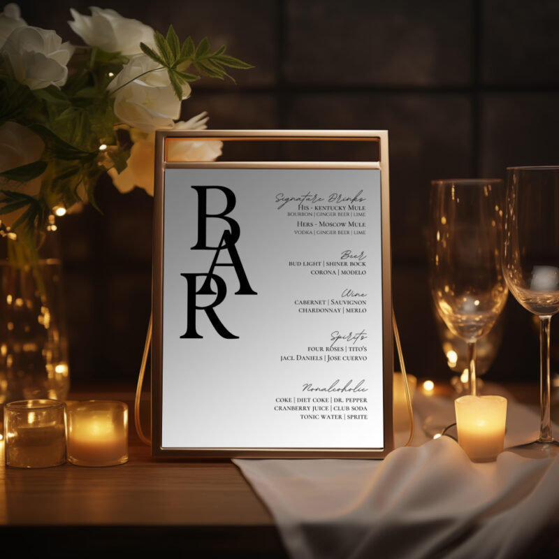 Editable Canva bar sign in Simple Script wedding style shown in evening setting with candles