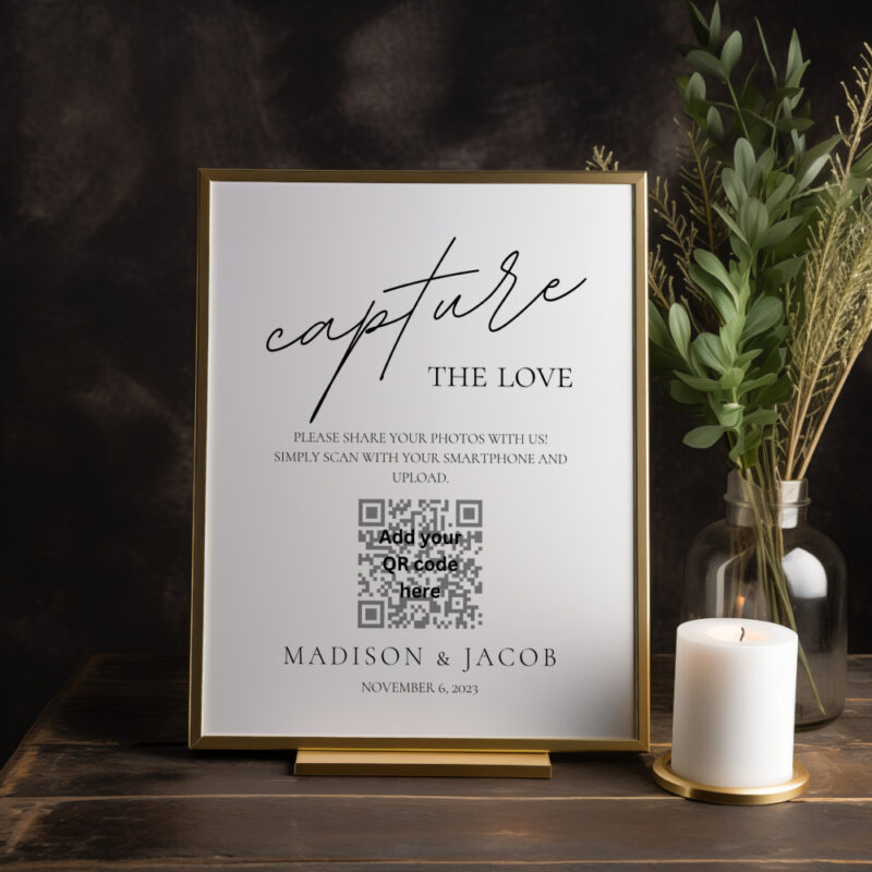 Editable Canva Capture the Love sign in Simple Script wedding style shown in dark room with candle