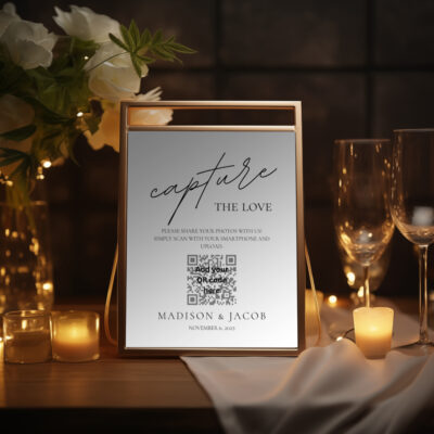 Editable Canva Capture the Love sign in Simple Script wedding style shown in evening setting with candles