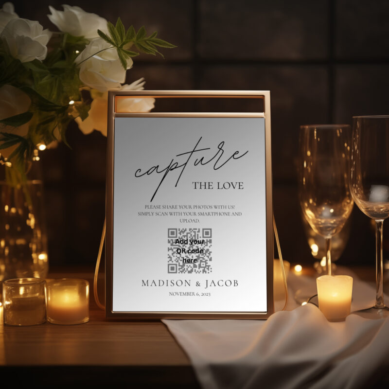 Editable Canva Capture the Love sign in Simple Script wedding style shown in evening setting with candles