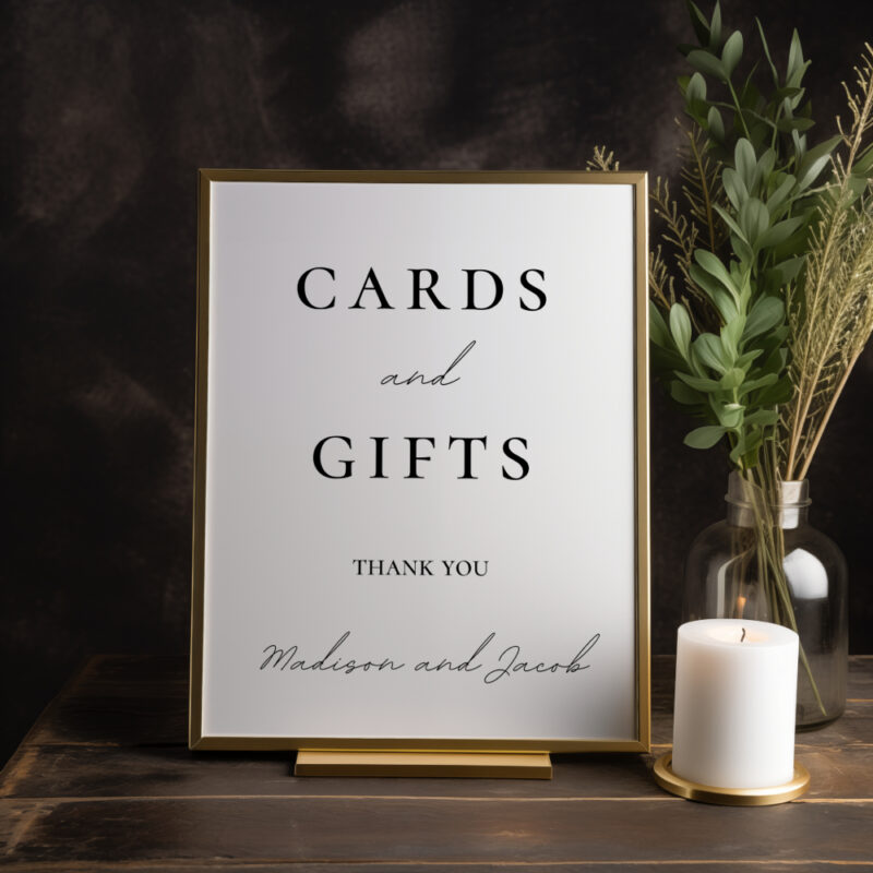 Editable Canva cards and gifts sign in Simple Script wedding style shown in dark room with candle