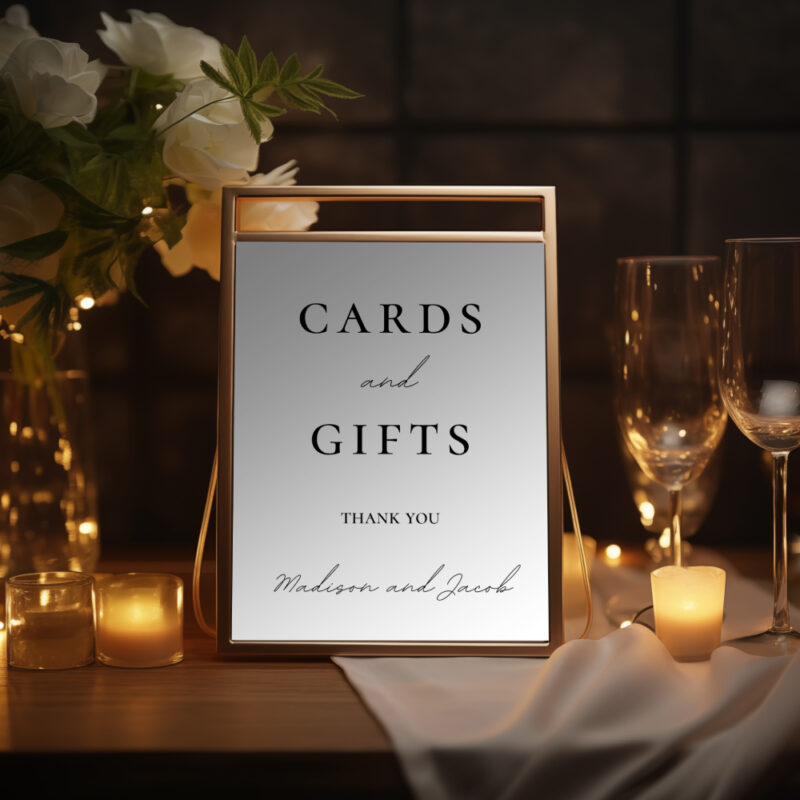 Editable Canva cards and gifts sign in Simple Script wedding style shown in evening setting with candles