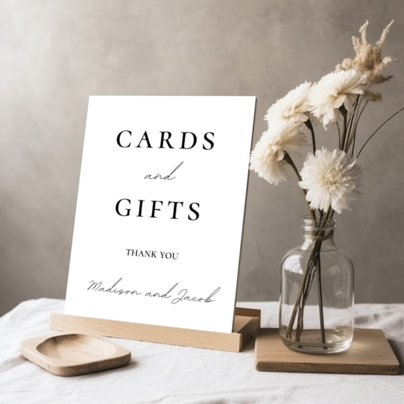 Editable Canva cards and gifts sign in Simple Script wedding style shown in tabletop display