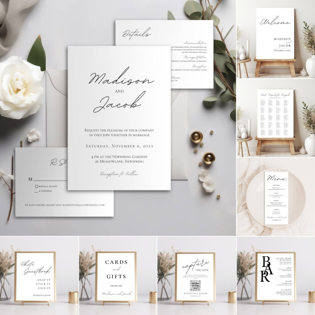 Editable Canva complete wedding invitation and signage templates in Simple Script style