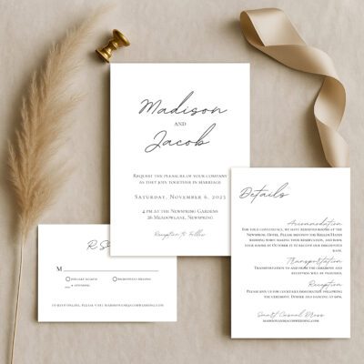 Editable Canva wedding invitation template in Simple Script style with script rsvp card