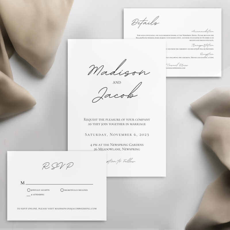 Editable Canva wedding invitation template in Simple Script style with neutral fabric