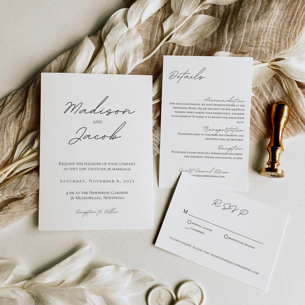 Editable Canva complete wedding invitation templates in Simple Script style