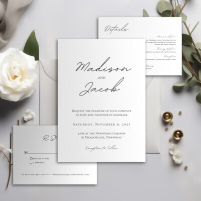 Editable Canva wedding invitation template in Simple Script style with script rsvp card