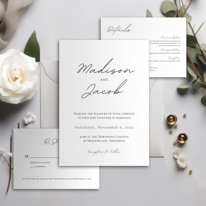 Editable Canva wedding invitation template in Simple Script style with script rsvp card