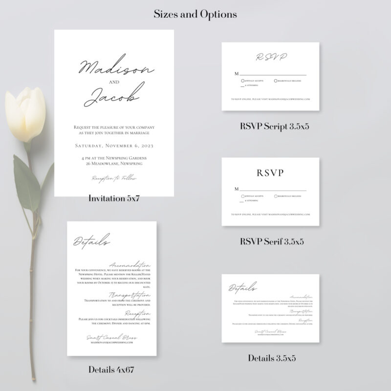 Editable Canva wedding invitation template in Simple Script style sizes and options