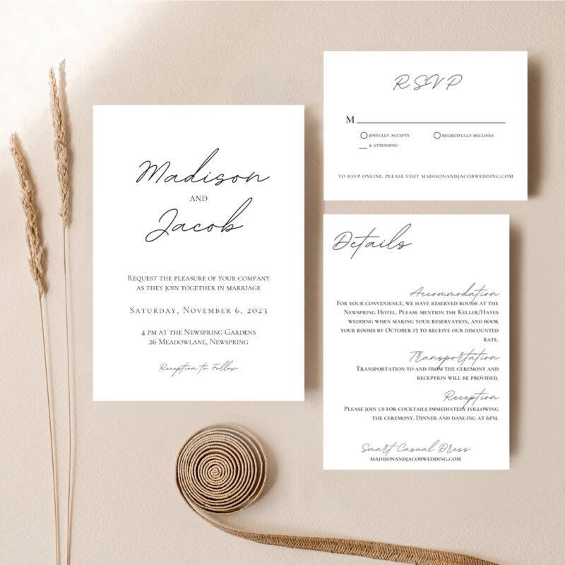 Editable Canva wedding invitation template in Simple Script style showing vertical details card