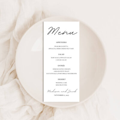 Editable Canva menu card in Simple Script wedding style