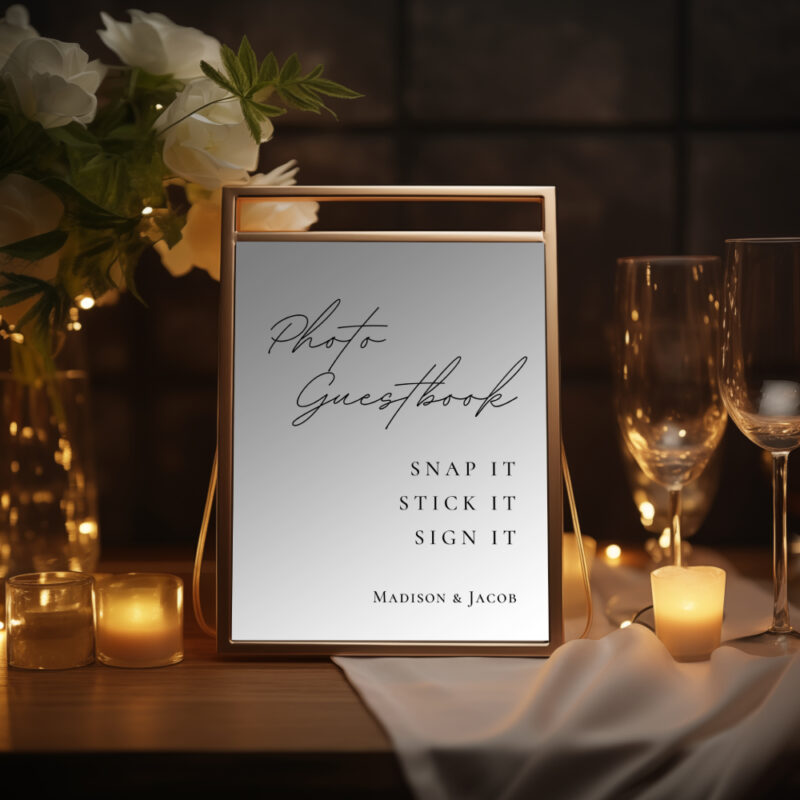 Editable Canva photo guestbook sign in Simple Script wedding style shown in evening setting with candles