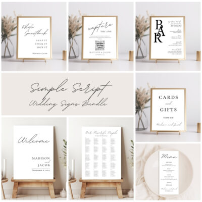 Editable Canva wedding signage templates in Simple Script style