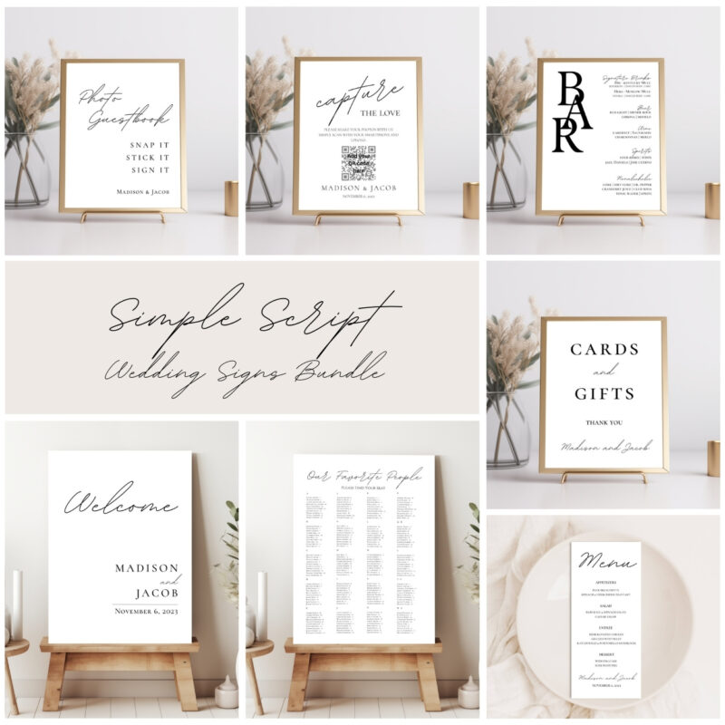Editable Canva wedding signage templates in Simple Script style
