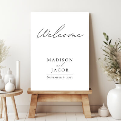 Editable Canva welcome sign in Simple Script wedding style centered names and date
