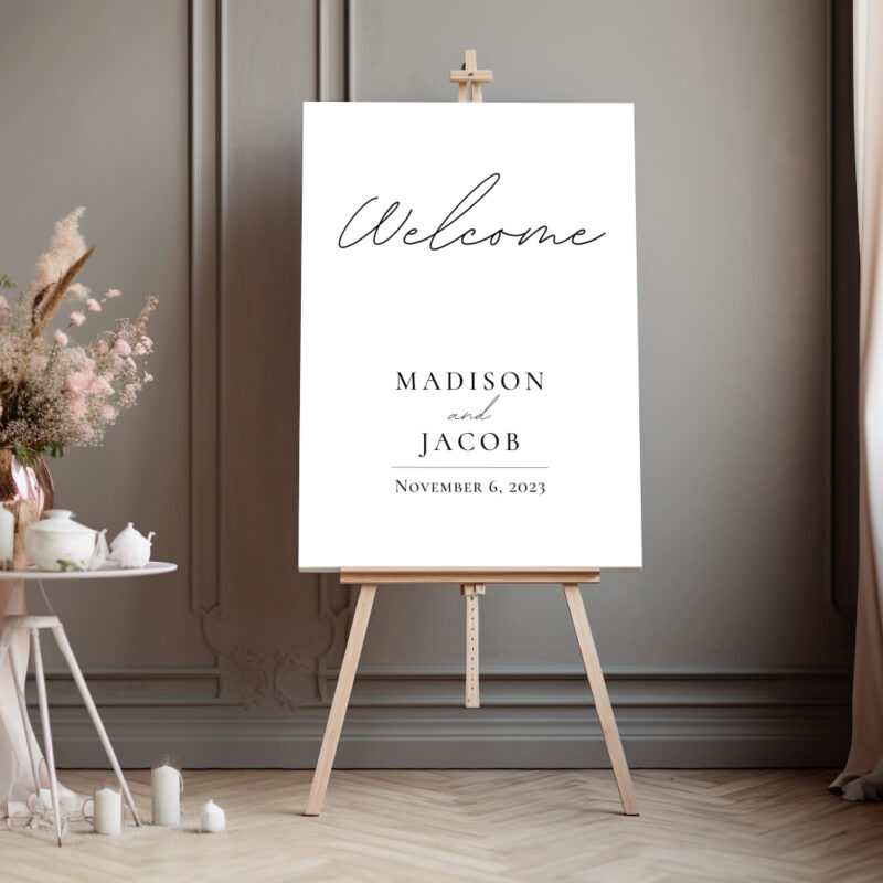 Editable Canva welcome sign in Simple Script wedding style with centered names and date shown in dark room